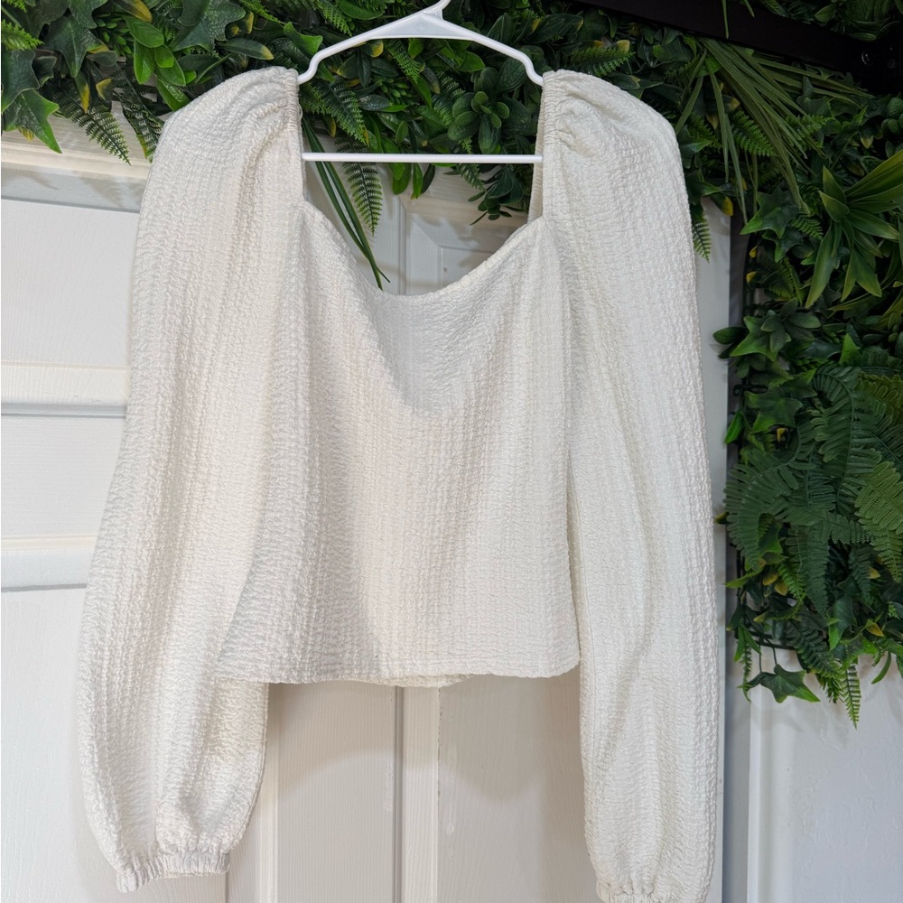 Express Elegant White Textured Women's Ivory Balloon Sleeve Textured Top Size Sm